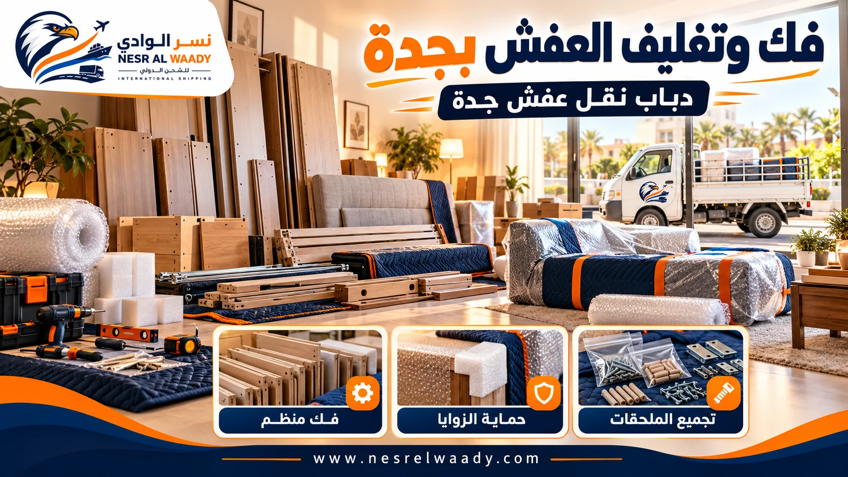 فك أثاث المنزل وتغليف القطع والزوايا وتجميع الملحقات